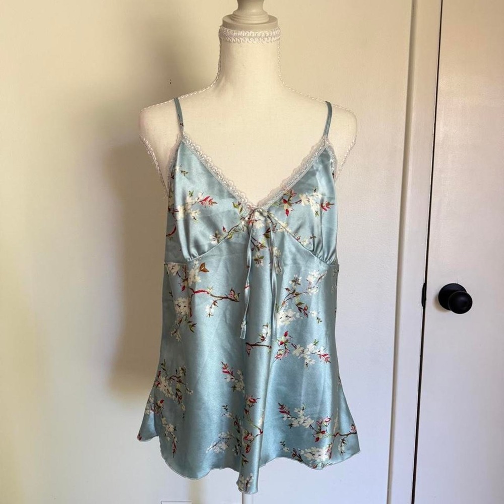 Blue floral satin slip tank cami with white/red cherry blossom print